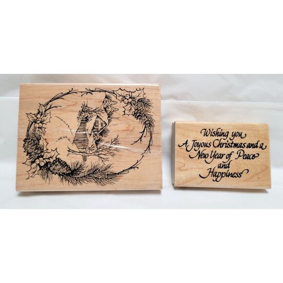 Lot of 4 Christmas Rubber Stamps Christmas Cottage Wish Hearts Santa Memories - Picture 3 of 8